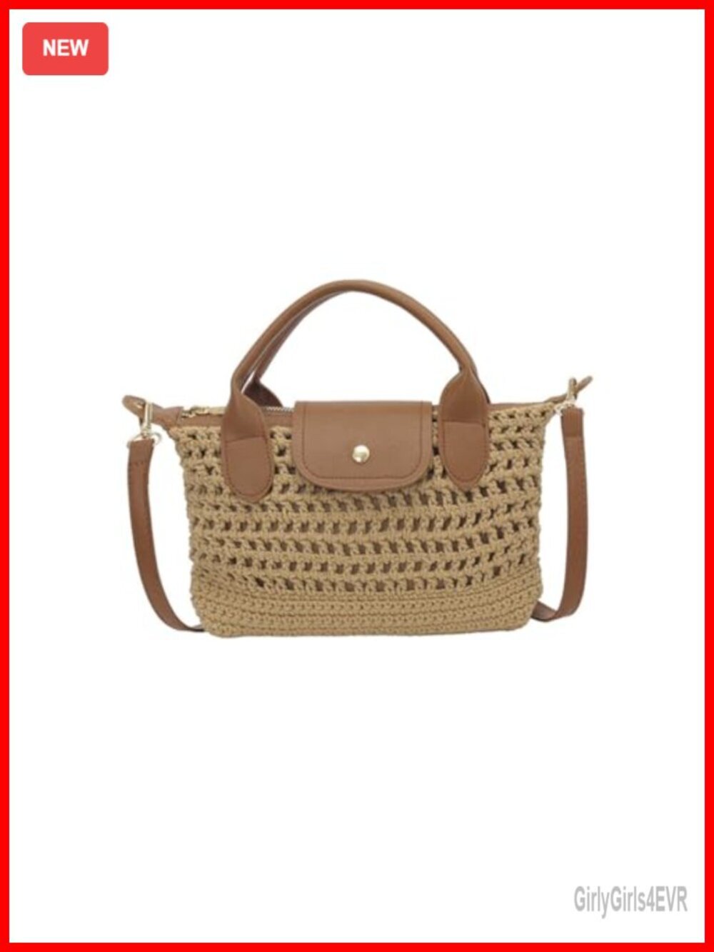Crochet Crossbody Bag with Leather Handle - Summer Beach Tote